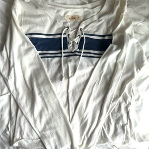 Hollister White and Blue Lace-Up Top